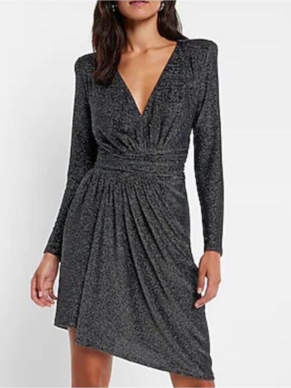 NWT Express Metallic Draped V-Neck Strong Shoulder Mini Dress in Black Size XS